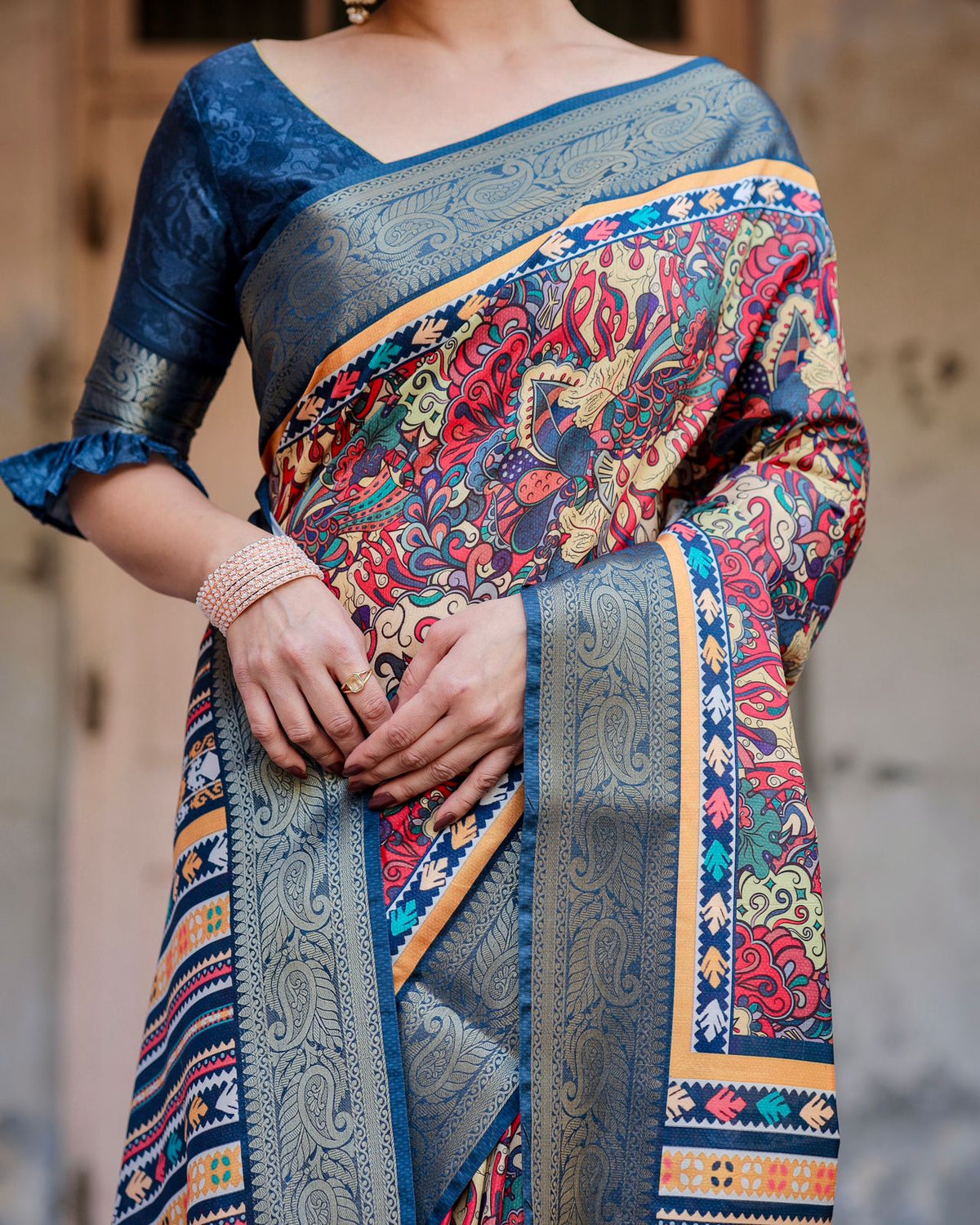 Blue Banarasi Silk Saree with Digital Ethnic Design for Women