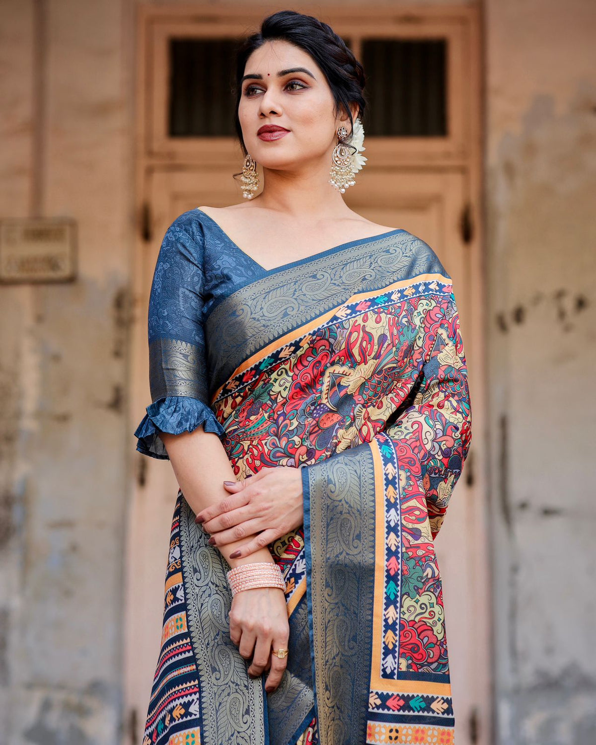 Blue Banarasi Silk Saree with Digital Ethnic Design for Women