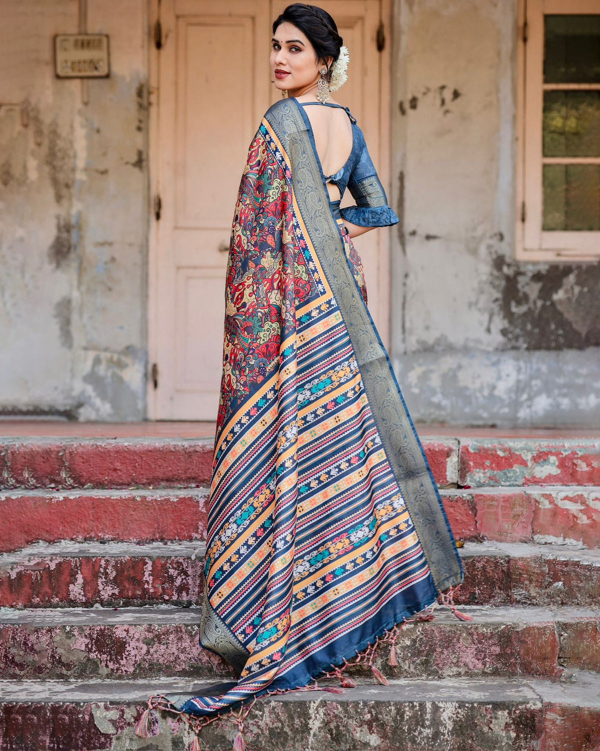 Blue Banarasi Silk Saree with Digital Ethnic Design for Women
