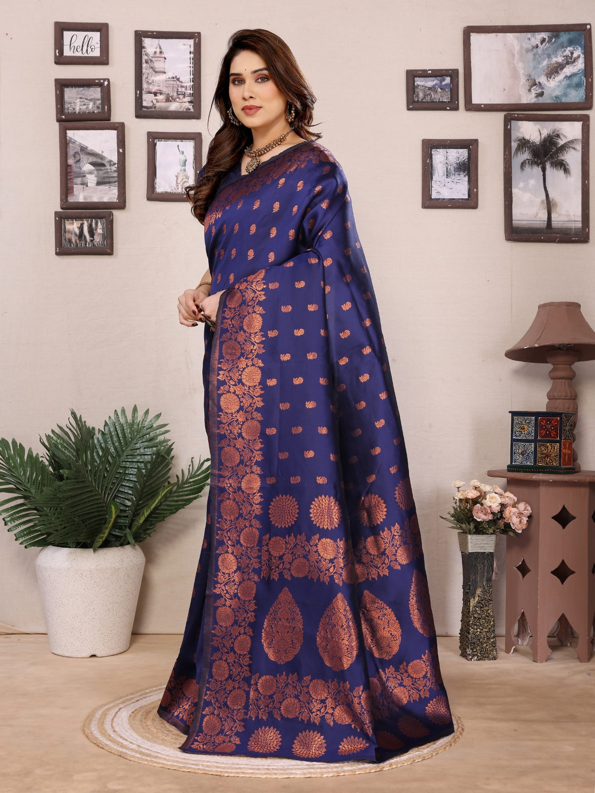 Classic Blue Banarasi Silk Saree with Heritage Border for Women
