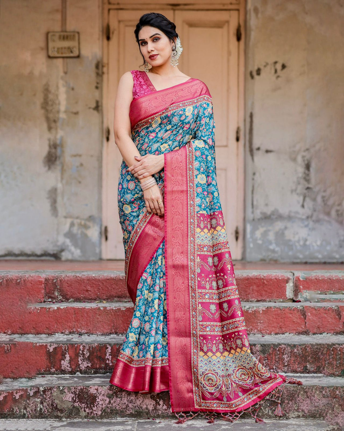 Blue Pink Banarasi Silk Saree with Floral Pattern for Women