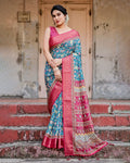 Blue Pink Banarasi Silk Saree with Floral Pattern