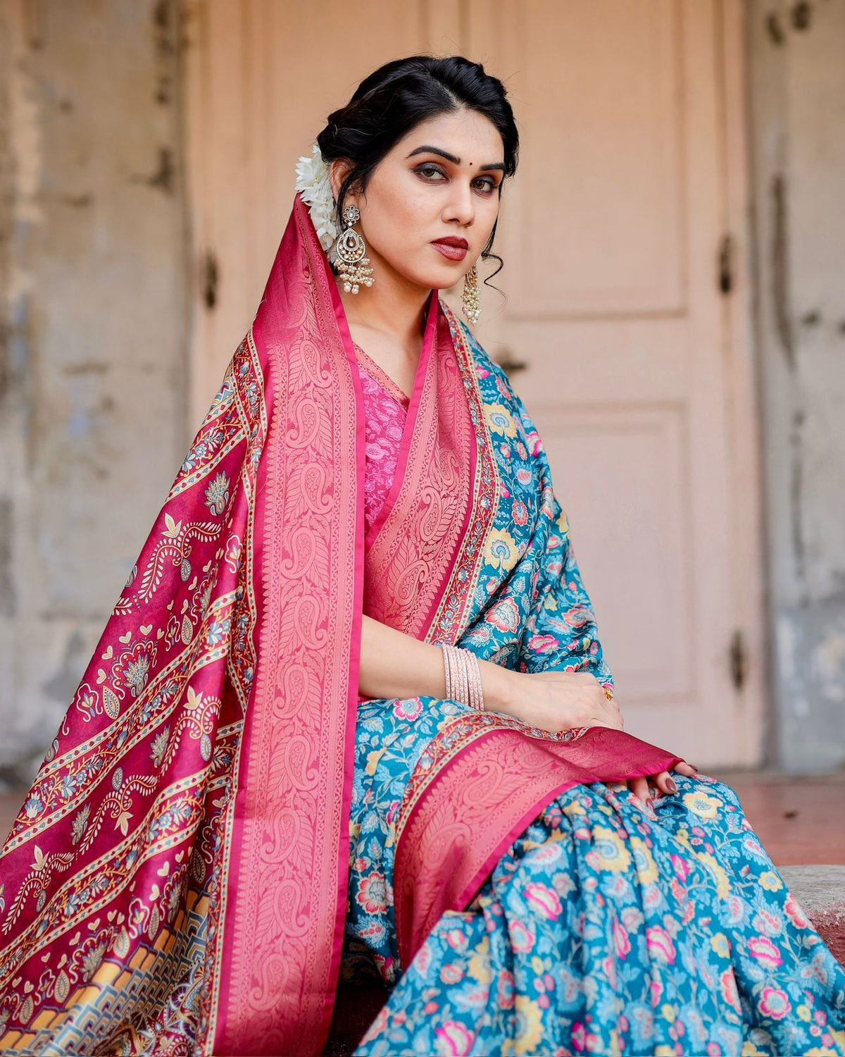 Blue Pink Banarasi Silk Saree with Floral Pattern for Women