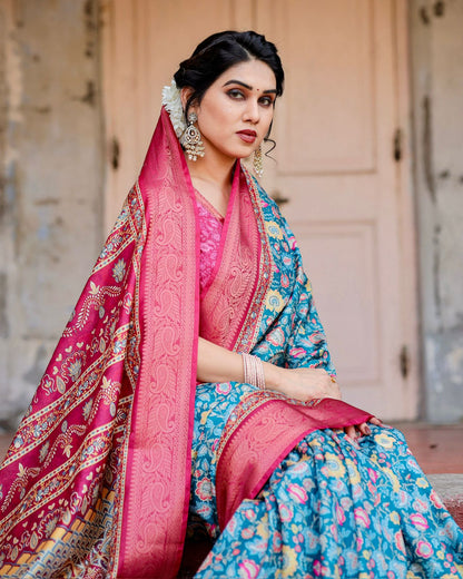 Blue Pink Banarasi Silk Saree with Floral Pattern for Women
