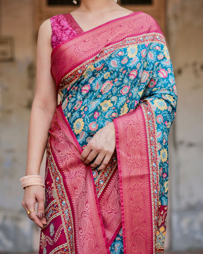 Blue Pink Banarasi Silk Saree with Floral Pattern for Women
