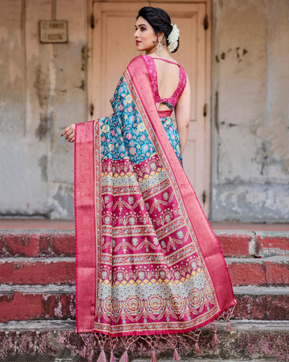 Blue Pink Banarasi Silk Saree with Floral Pattern for Women