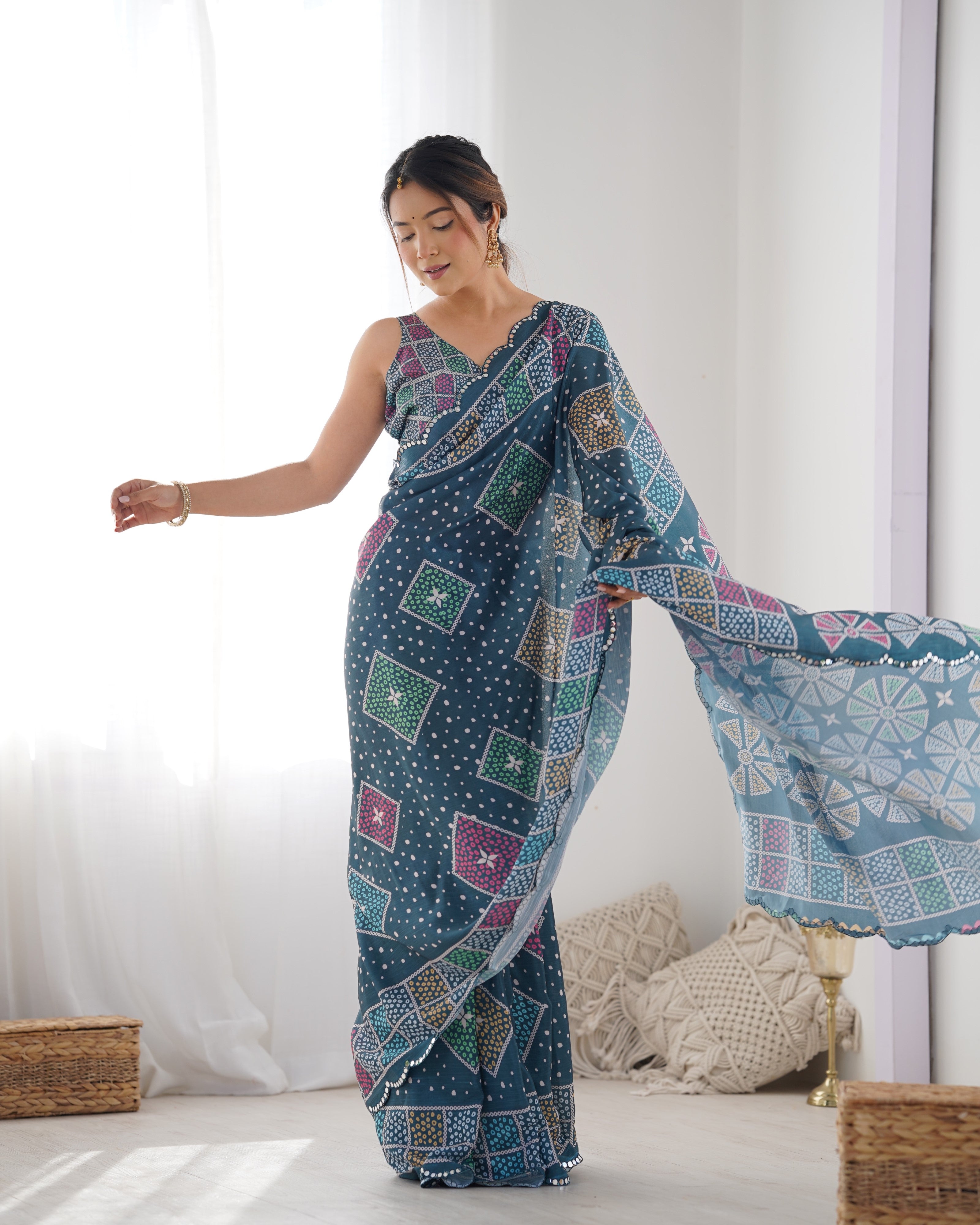 Blue Bandhani Print Chinon Saree for Women