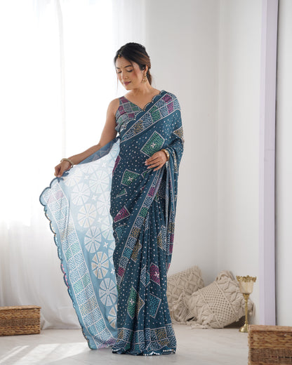 Blue Bandhani Print Chinon Saree for Women