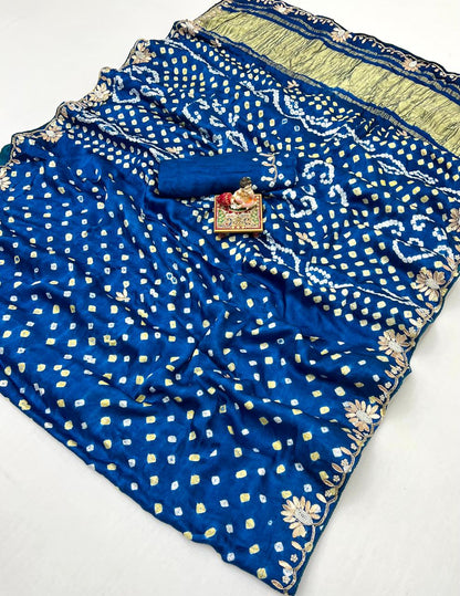 Blue Bandhani Viscose Gajji Silk Saree with Gota Patti for Women