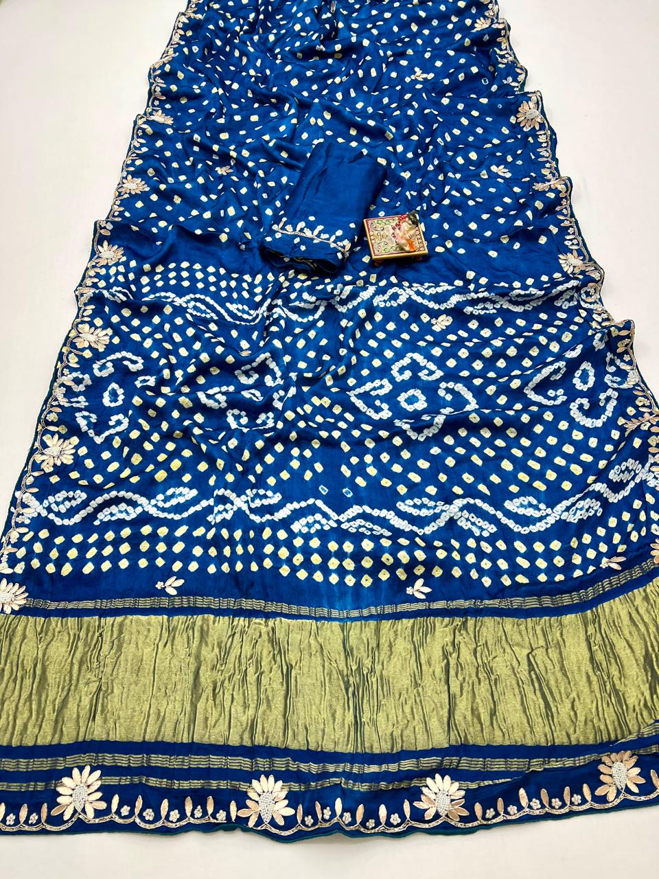 Blue Bandhani Viscose Gajji Silk Saree with Gota Patti for Women