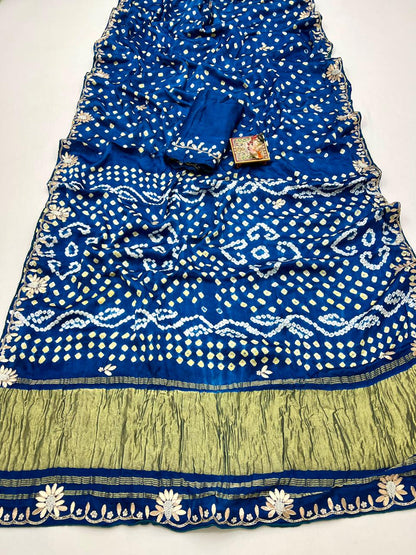 Blue Bandhani Viscose Gajji Silk Saree with Gota Patti for Women
