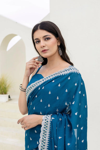 Blue Chinon Saree with Zari, Dori and Sequin Work with Banglori Silk
