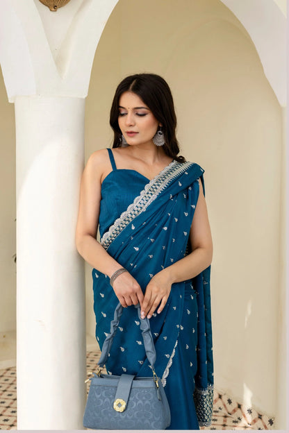 Blue Chinon Saree with Zari, Dori and Sequin Work with Banglori Silk