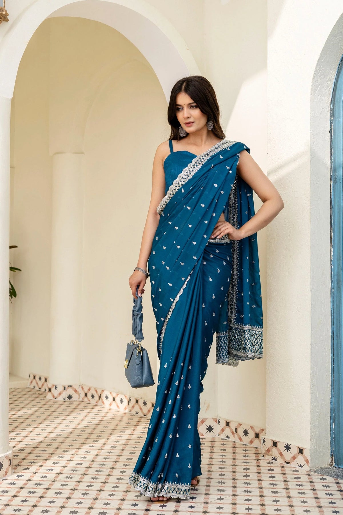 Blue Chinon Saree with Zari, Dori and Sequin Work with Banglori Silk