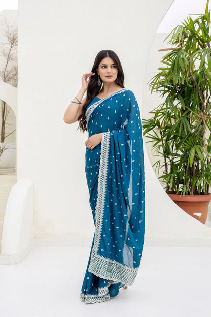 Blue Chinon Saree with Zari, Dori and Sequin Work with Banglori Silk