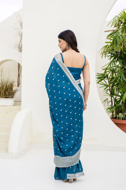 Blue Chinon Saree with Zari, Dori and Sequin Work with Banglori Silk