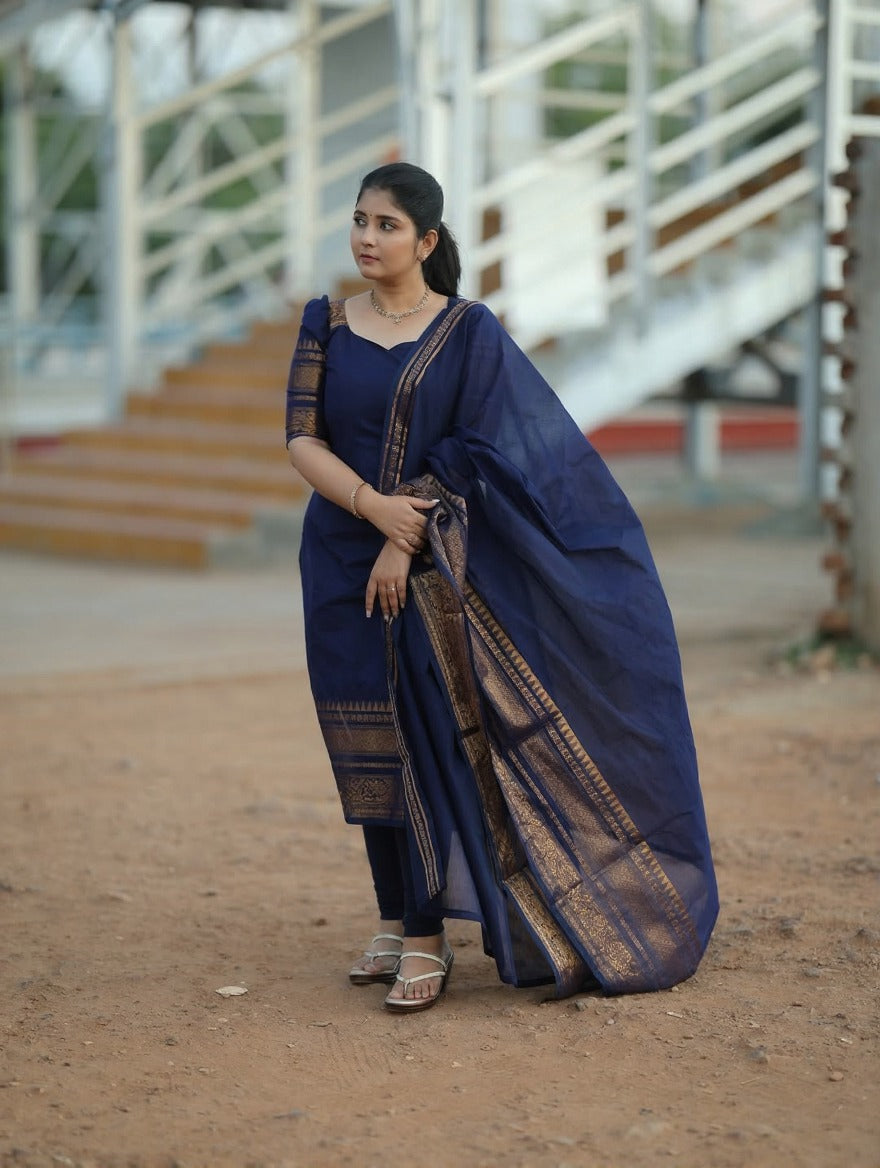 Blue Kanchi Cotton Jacquard Kurti with Elegant Dupatta for Women
