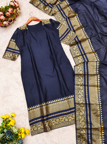 Blue Kanchi Cotton Jacquard Kurti with Elegant Dupatta for Women