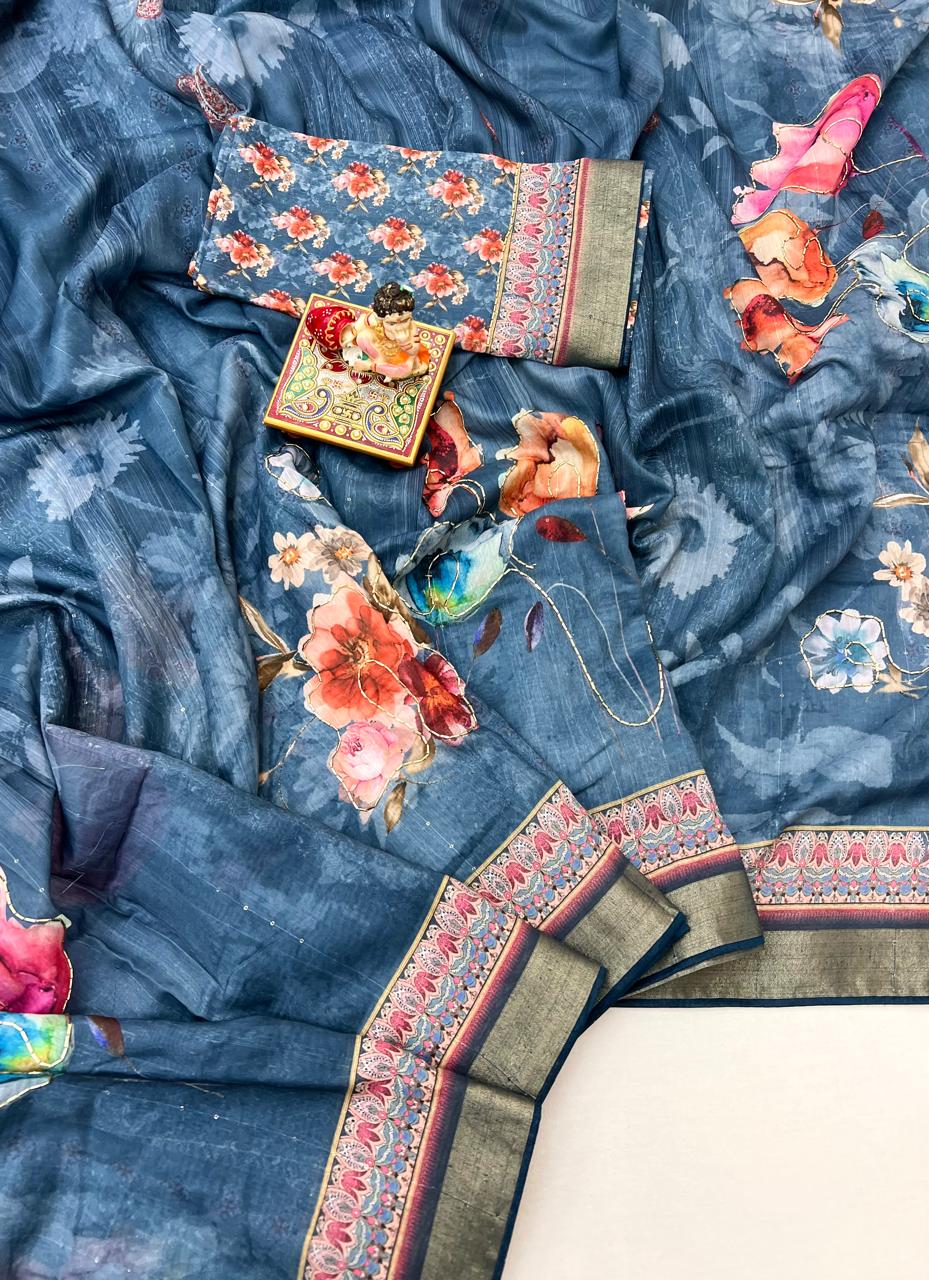 Stylish Blue Floral Cotton Saree With Designer Blouse for Women