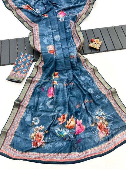Stylish Blue Floral Cotton Saree With Designer Blouse for Women