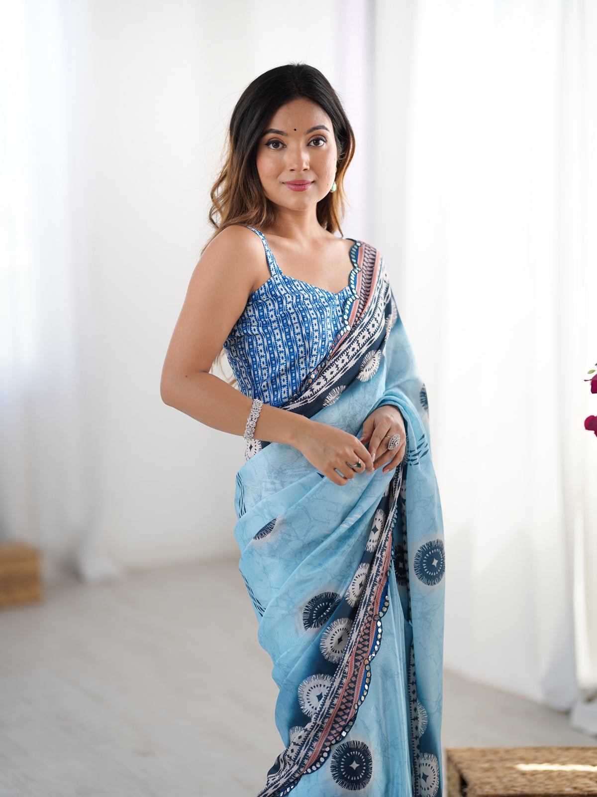 Blue Designer Chinon Saree with Mirror Border for Women
