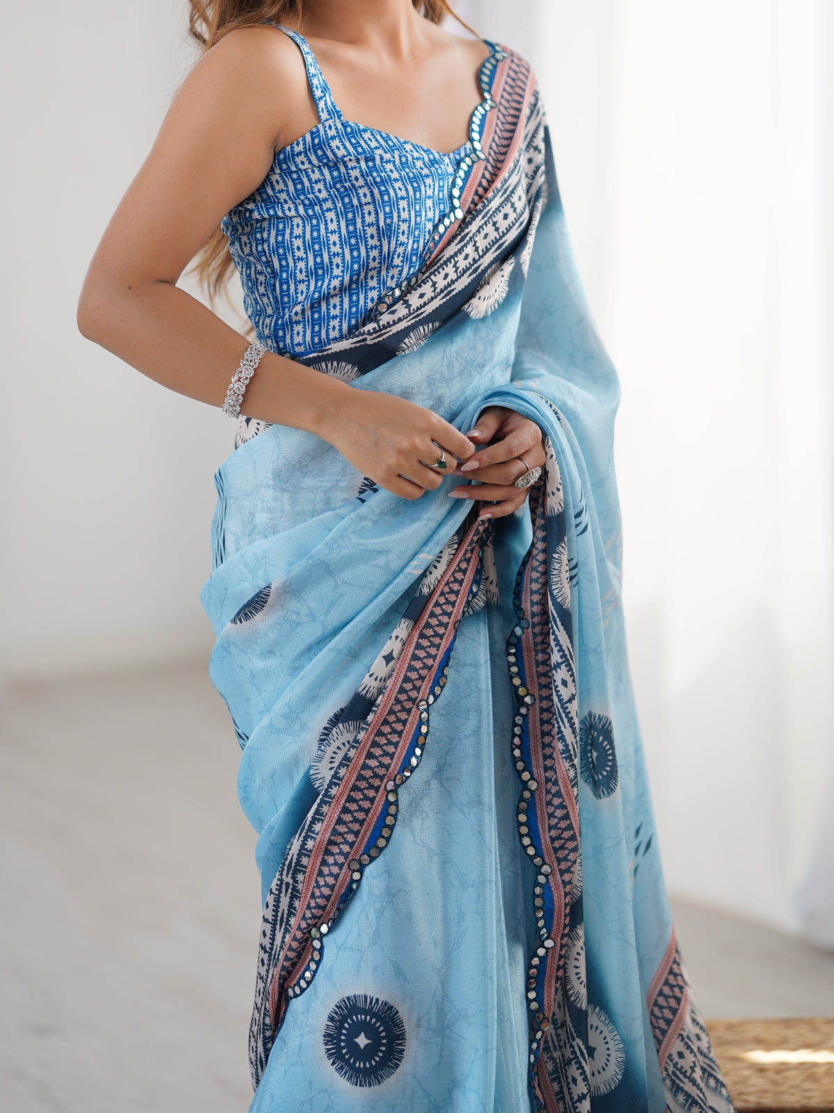 Blue Designer Chinon Saree with Mirror Border for Women