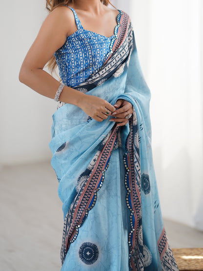 Blue Designer Chinon Saree with Mirror Border for Women