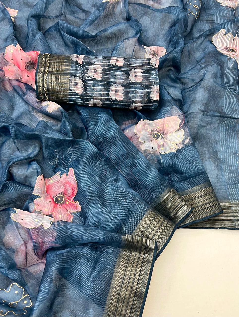 Blue Petal Digital Print Organza Cotton Silk Saree
