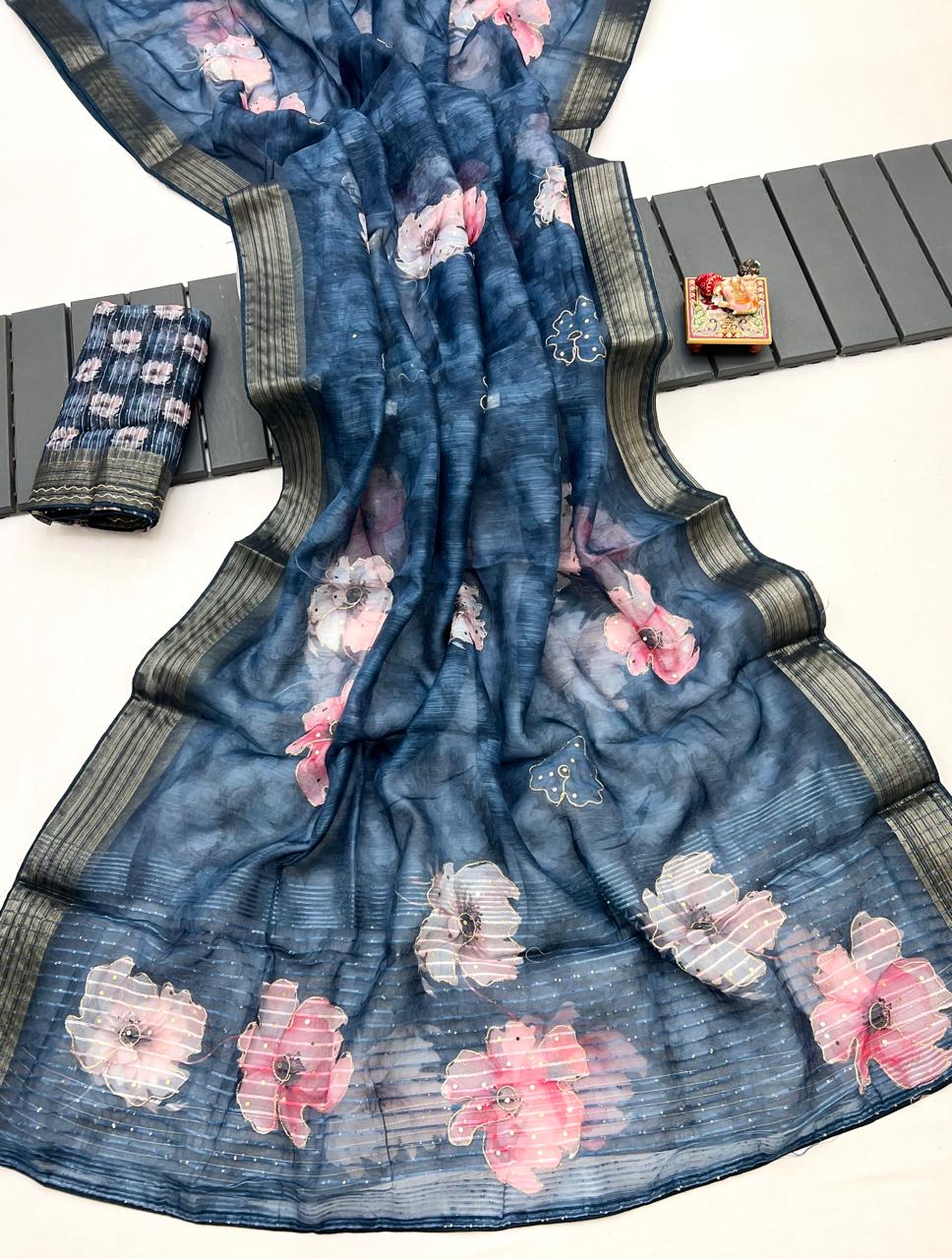 Blue Petal Digital Print Organza Cotton Silk Saree for Women