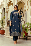 Navy Blue Embroidered Chanderi Kurti Pant Dupatta
