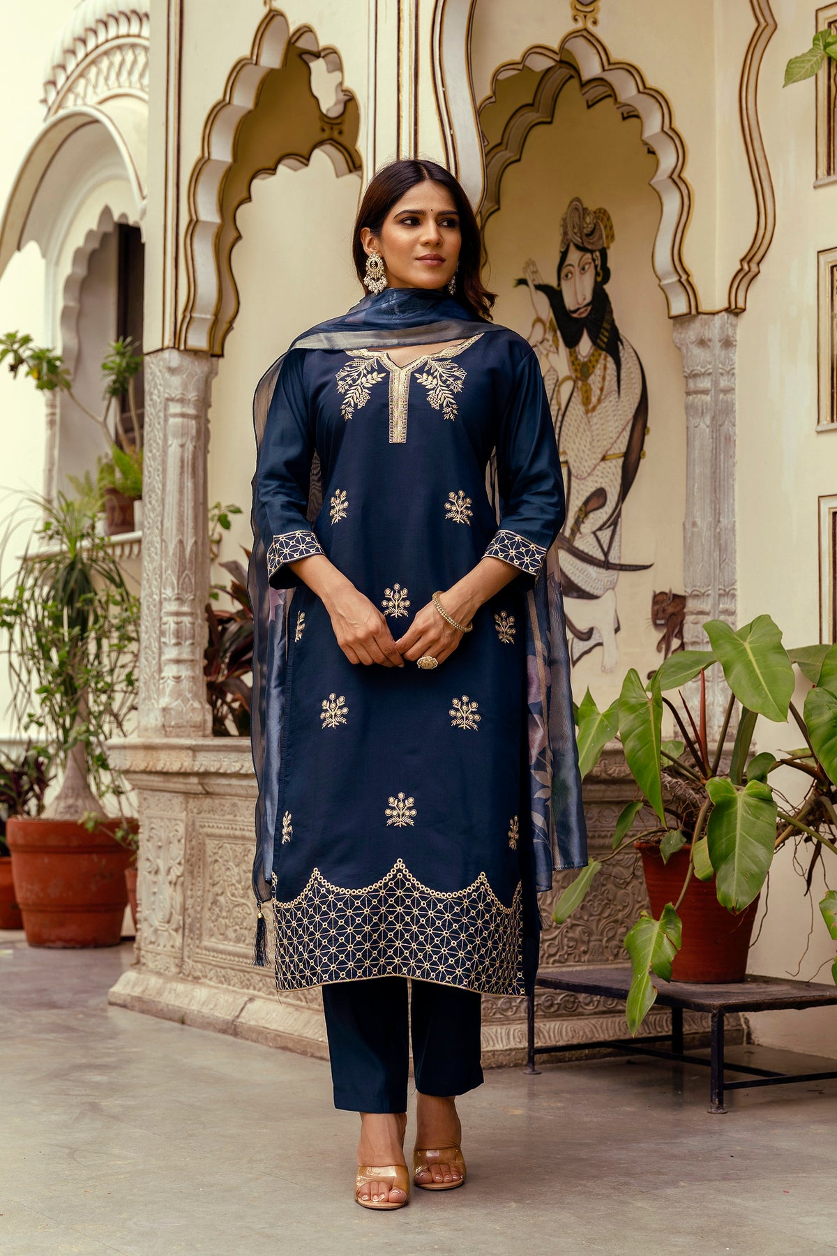 Navy Blue Embroidered Chanderi Kurti Pant Dupatta for Women