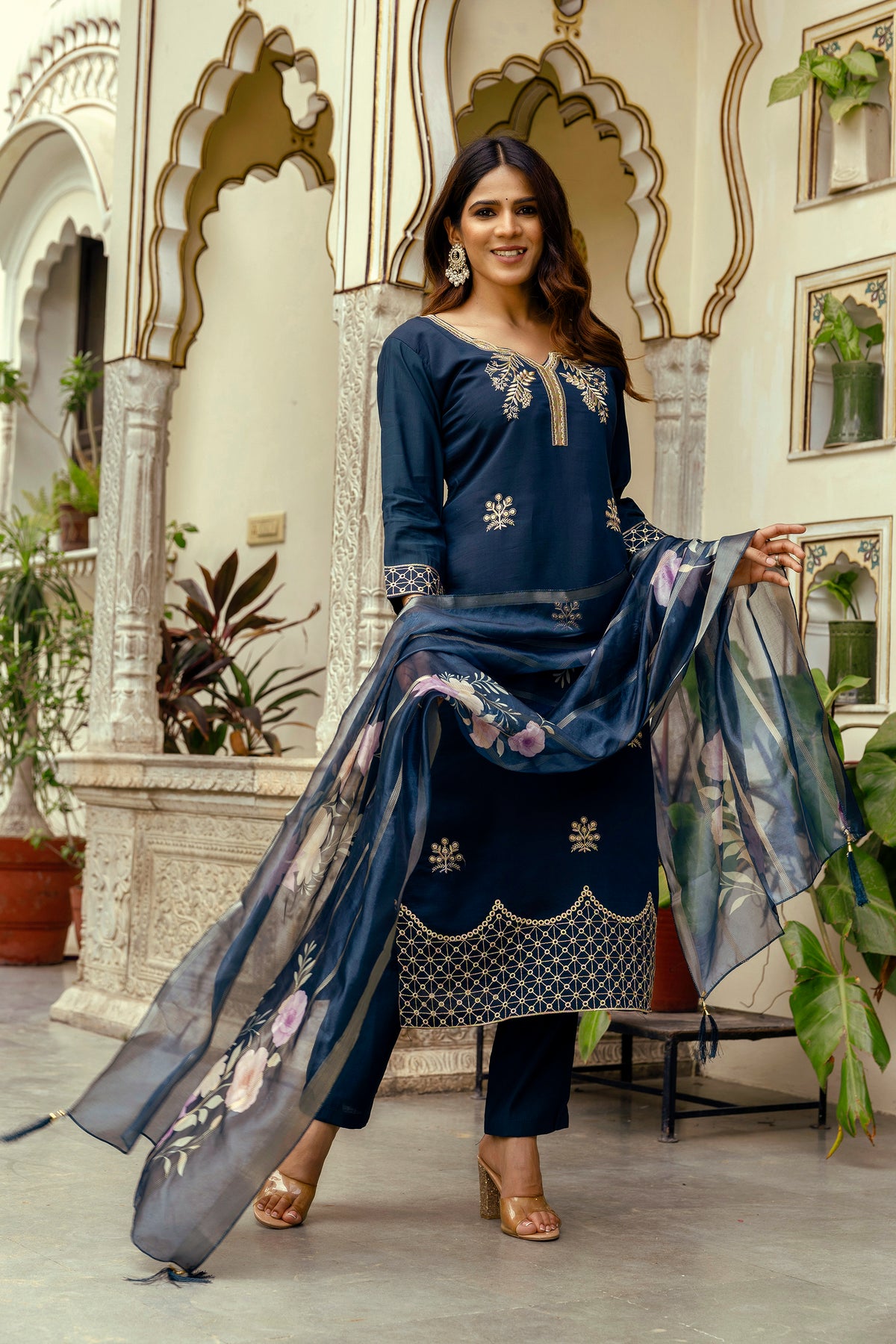 Navy Blue Embroidered Chanderi Kurti Pant Dupatta for Women