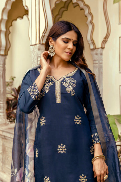 Navy Blue Embroidered Chanderi Kurti Pant Dupatta for Women