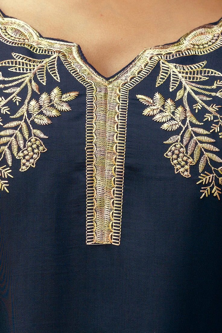 Navy Blue Embroidered Chanderi Kurti Pant Dupatta for Women