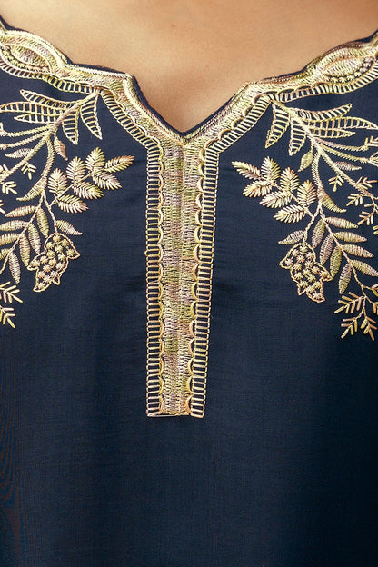 Navy Blue Embroidered Chanderi Kurti Pant Dupatta for Women