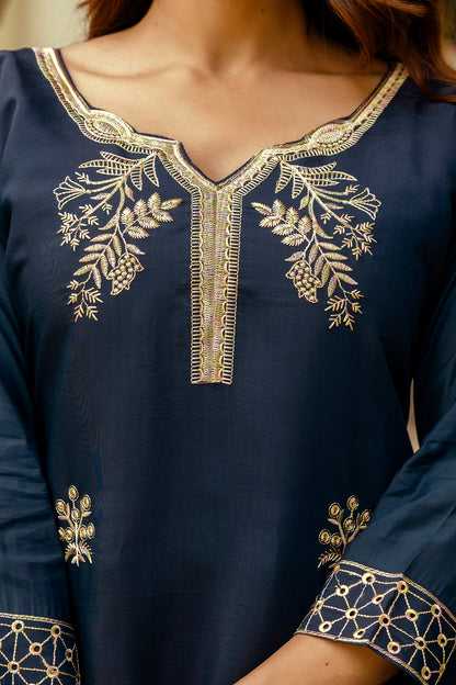 Navy Blue Embroidered Chanderi Kurti Pant Dupatta for Women