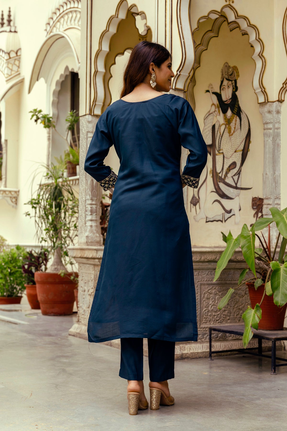Navy Blue Embroidered Chanderi Kurti Pant Dupatta for Women