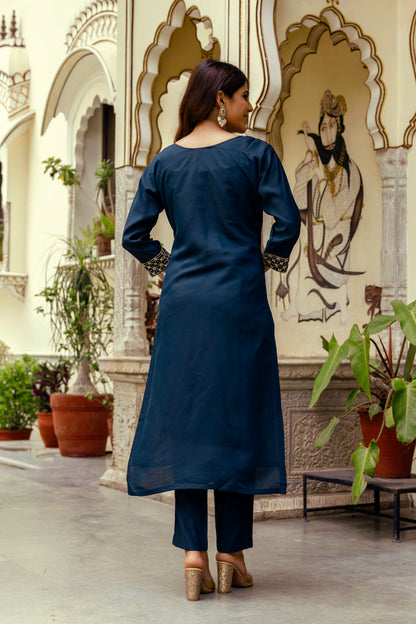 Navy Blue Embroidered Chanderi Kurti Pant Dupatta for Women