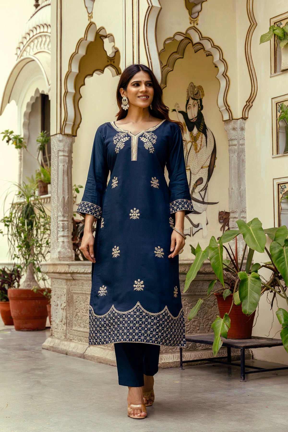 Navy Blue Embroidered Chanderi Kurti Pant Dupatta for Women