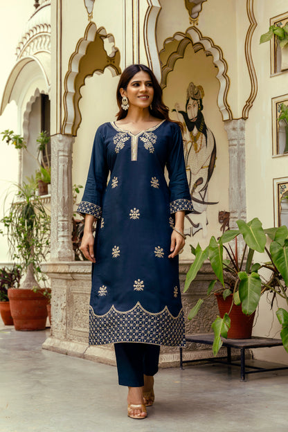 Navy Blue Embroidered Chanderi Kurti Pant Dupatta for Women
