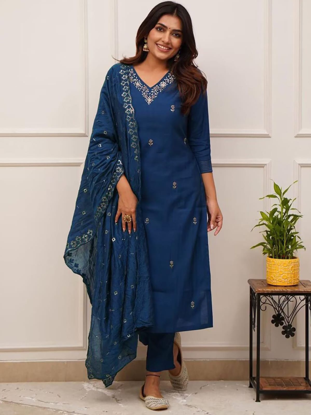 Cerulean Blue Embroidered Tesla Fabric Kurta Pant Dupatta Set