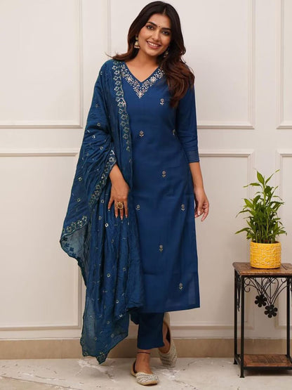 Cerulean Blue Embroidered Tesla Fabric Kurta Pant Dupatta Set
