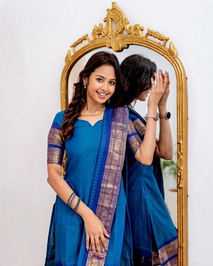 Blue Ethnic Cotton Kurti Set with Zari Work for Women