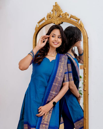 Blue Ethnic Cotton Kurti Set with Zari Work for Women