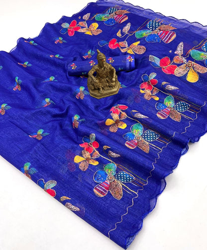 Royal Blue Floral Aari Work Linen Saree for Women