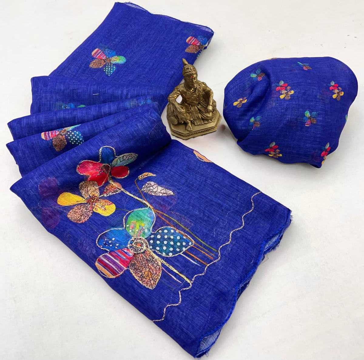 Royal Blue Floral Aari Work Linen Saree for Women