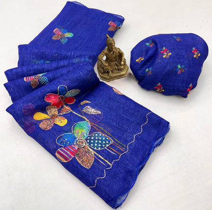 Royal Blue Floral Aari Work Linen Saree for Women