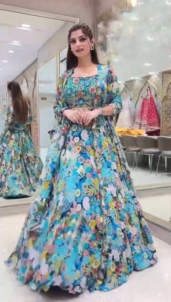 Blue Floral Georgette Lehenga Set with Heavy Flare for Women