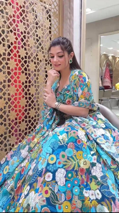 Blue Floral Georgette Lehenga Set with Heavy Flare for Women