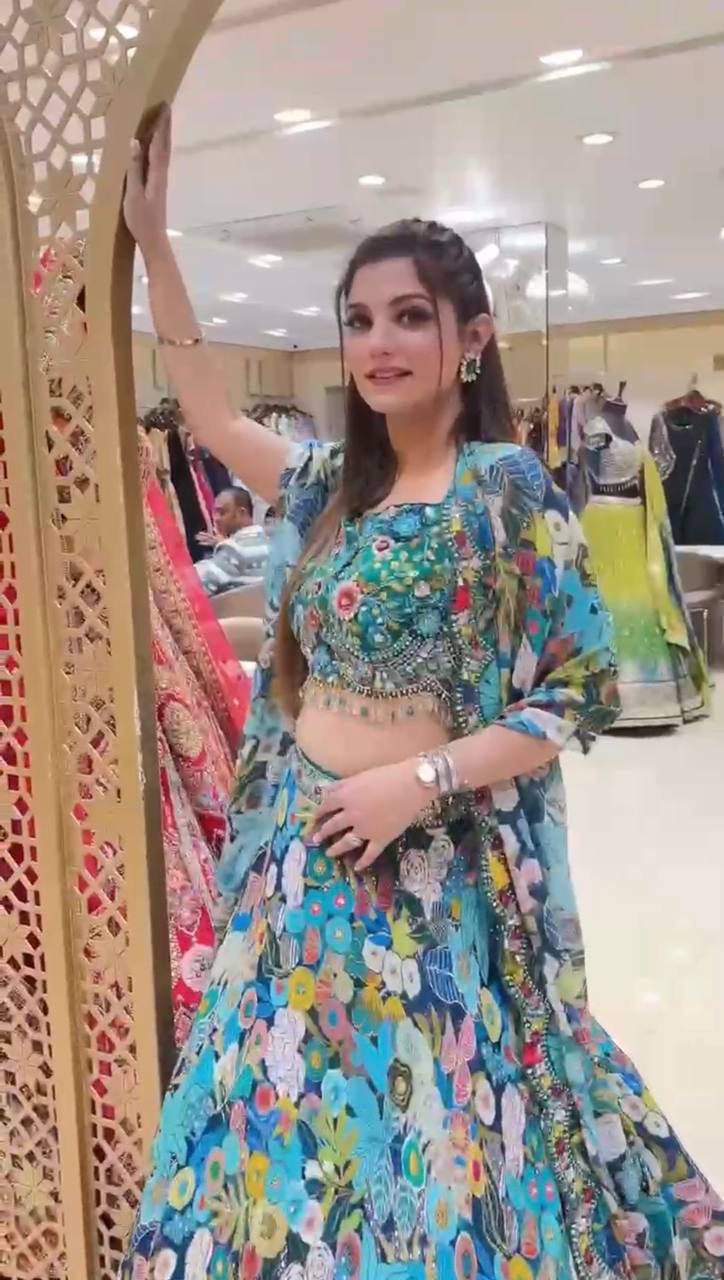 Blue Floral Georgette Lehenga Set with Heavy Flare